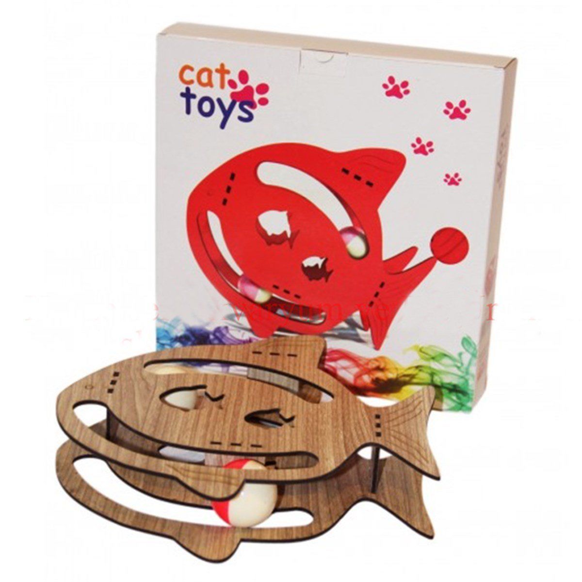 Pet Style Balık Şeklinde İki Toplu Ahşap Kedi Oyuncağı