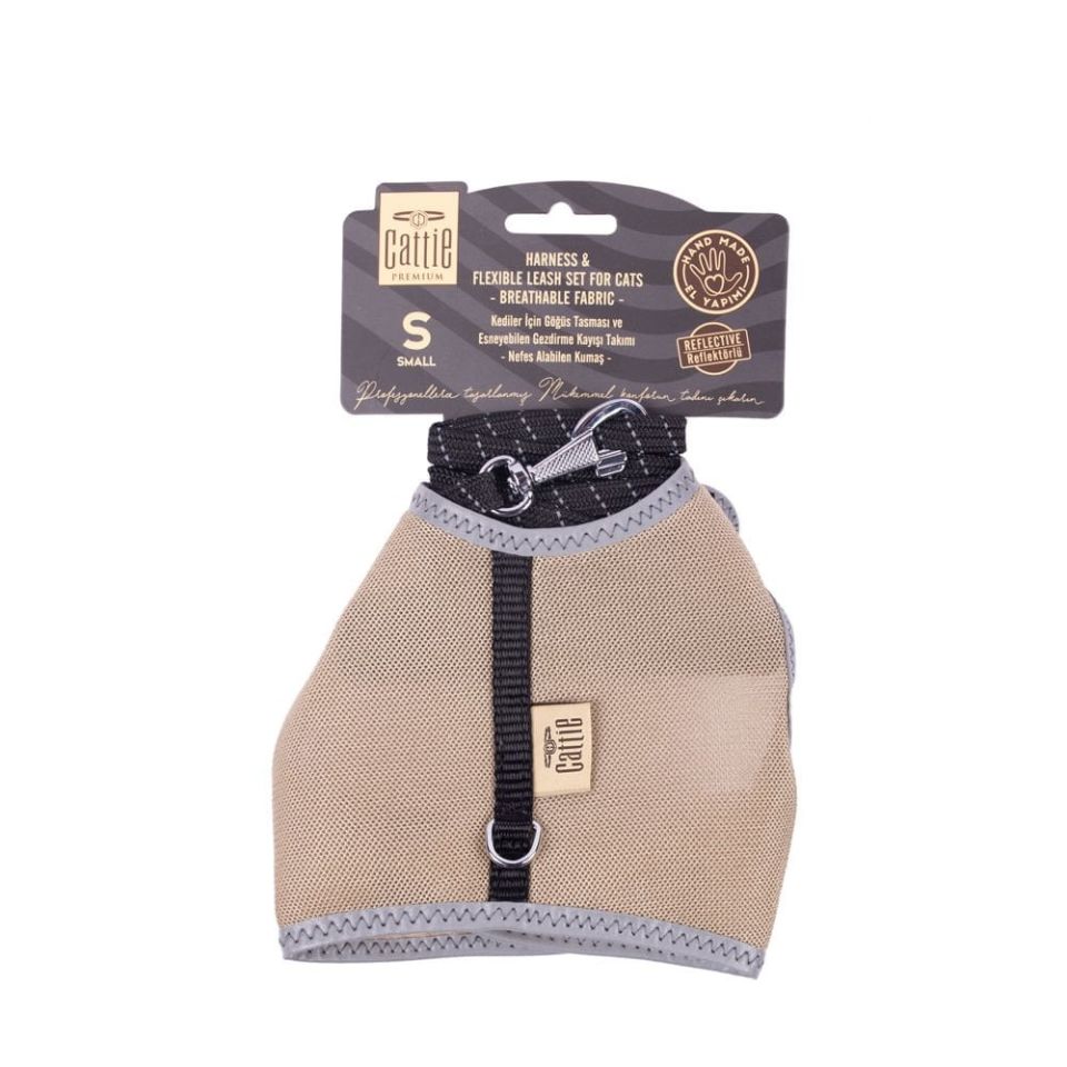 DOGGİE HAVALI DOKUMA KEDİ GÖĞÜS & GEZDİRME TAKIMI BEJ 1X20-30CM