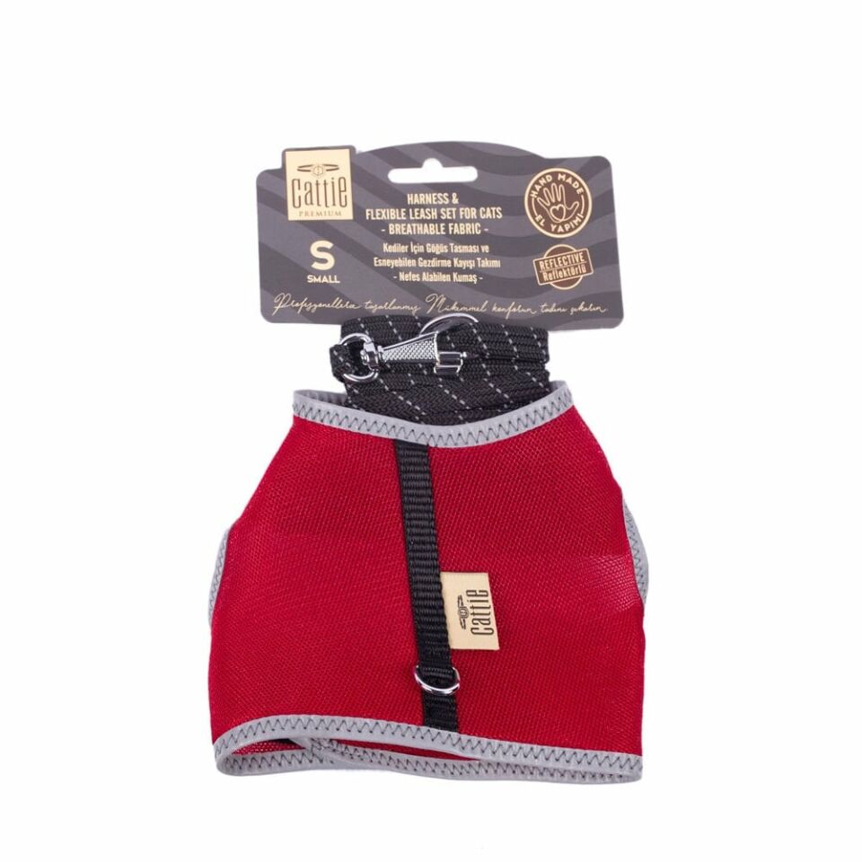 DOGGİE HAVALI DOKUMA KEDİ GÖĞÜS & GEZDİRME TAKIMI KIRMIZI 1X20-30CM