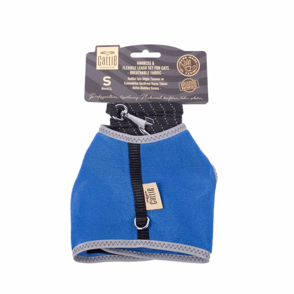 DOGGİE HAVALI DOKUMA KEDİ GÖĞÜS & GEZDİRME TAKIMI ROYALMAVİ 1X20-30CM