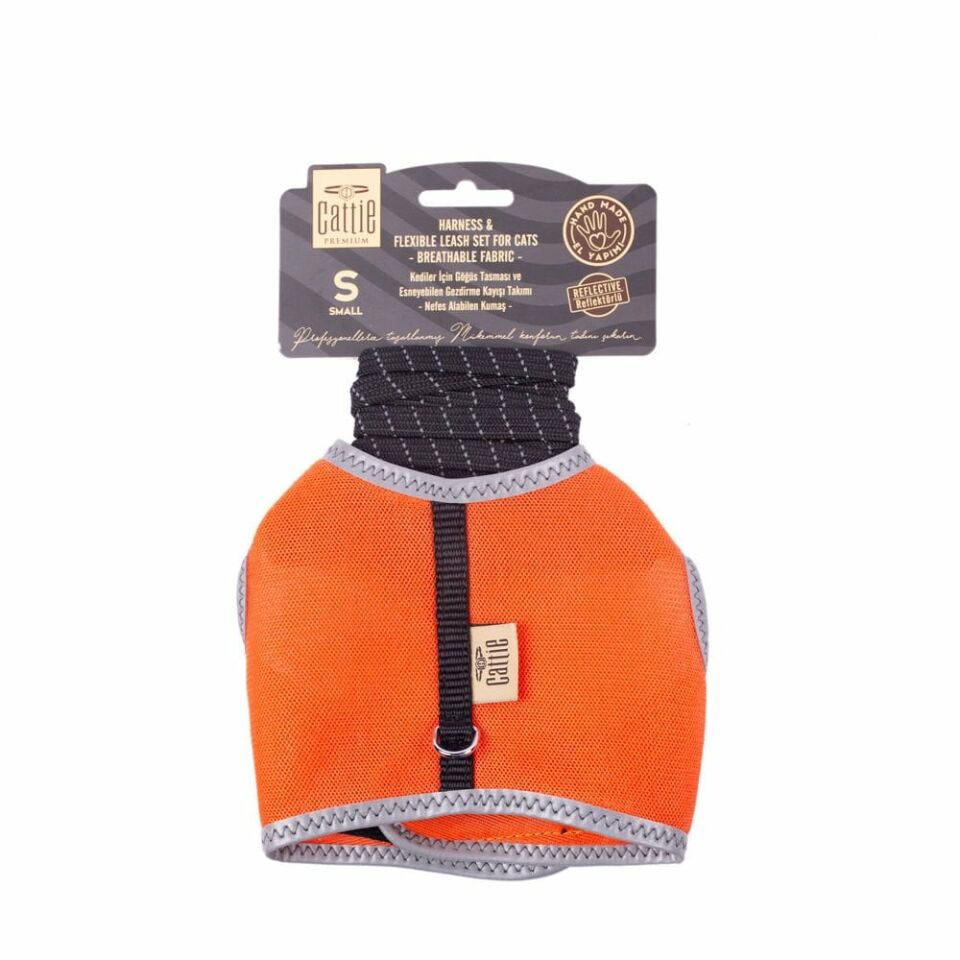 DOGGİE HAVALI DOKUMA KEDİ GÖĞÜS & GEZDİRME TAKIMI TURUNCU 1X20-30CM