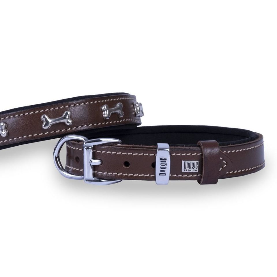 DOGGİE KONFOR DERİ KEMİK SÜSLÜ BOYUN TASMASI KAHVE 2X30-35CM