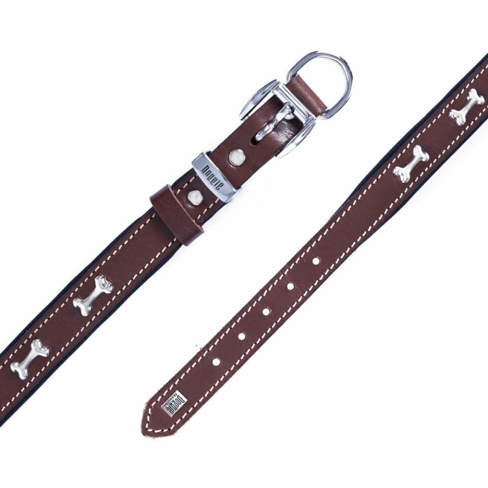 DOGGİE KONFOR DERİ KEMİK SÜSLÜ BOYUN TASMASI KAHVE 2X30-35CM