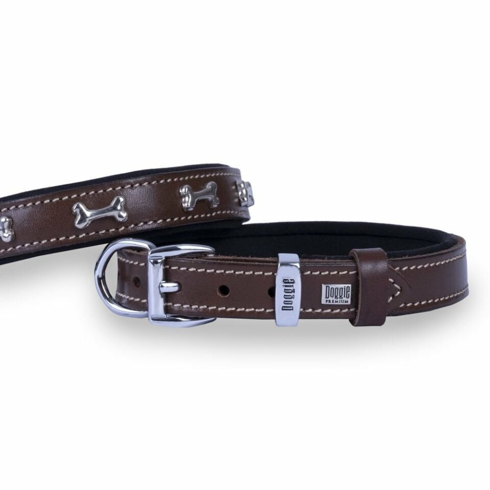 DOGGİE KONFOR DERİ KEMİK SÜSLÜ BOYUN TASMASI KAHVE 2X35-40CM