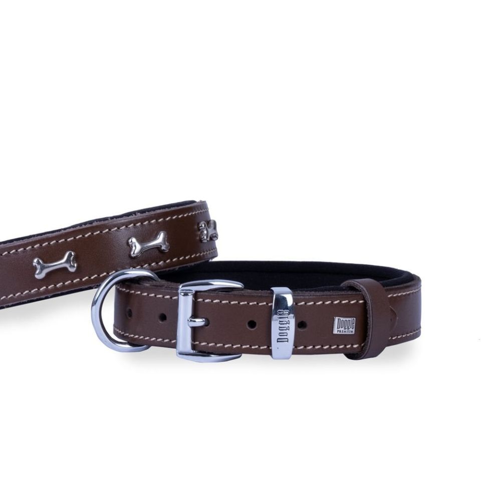 DOGGİE KONFOR DERİ KEMİK SÜSLÜ BOYUN TASMASI KAHVE 3X42-50CM