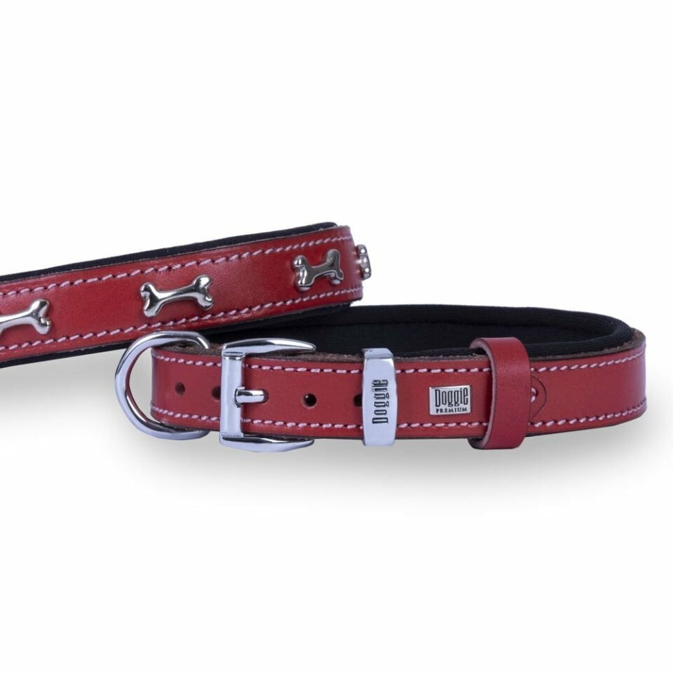 DOGGİE KONFOR DERİ KEMİK SÜSLÜ BOYUN TASMASI KIRMIZI 2X35-40CM