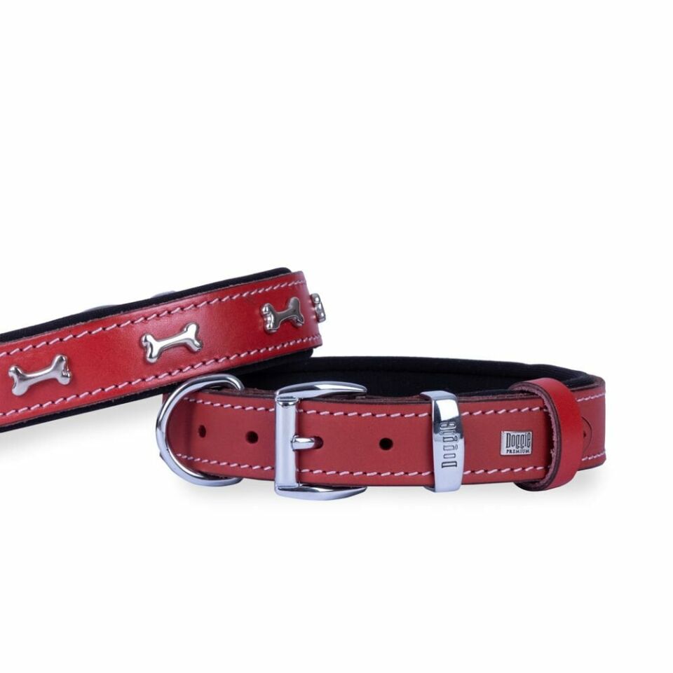 DOGGİE KONFOR DERİ KEMİK SÜSLÜ BOYUN TASMASI KIRMIZI 3X42-50CM