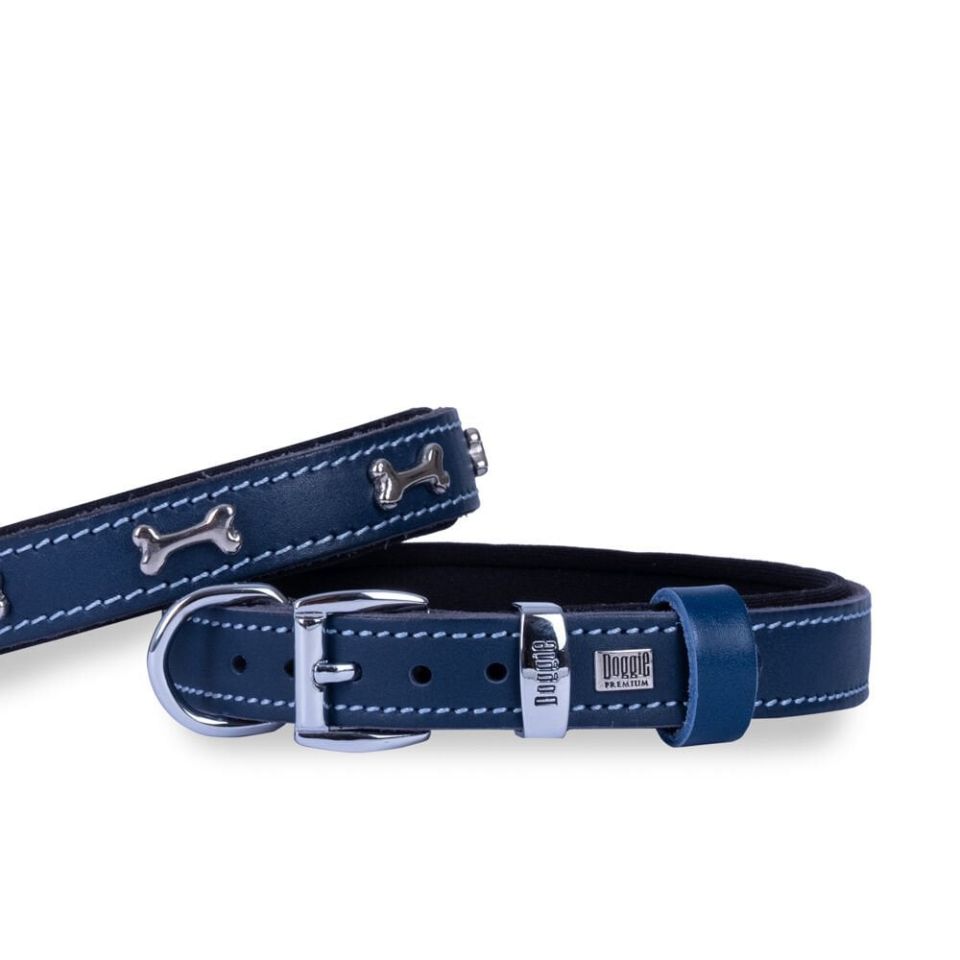 DOGGİE KONFOR DERİ KEMİK SÜSLÜ BOYUN TASMASI ROYALMAVİ 2X30-35CM