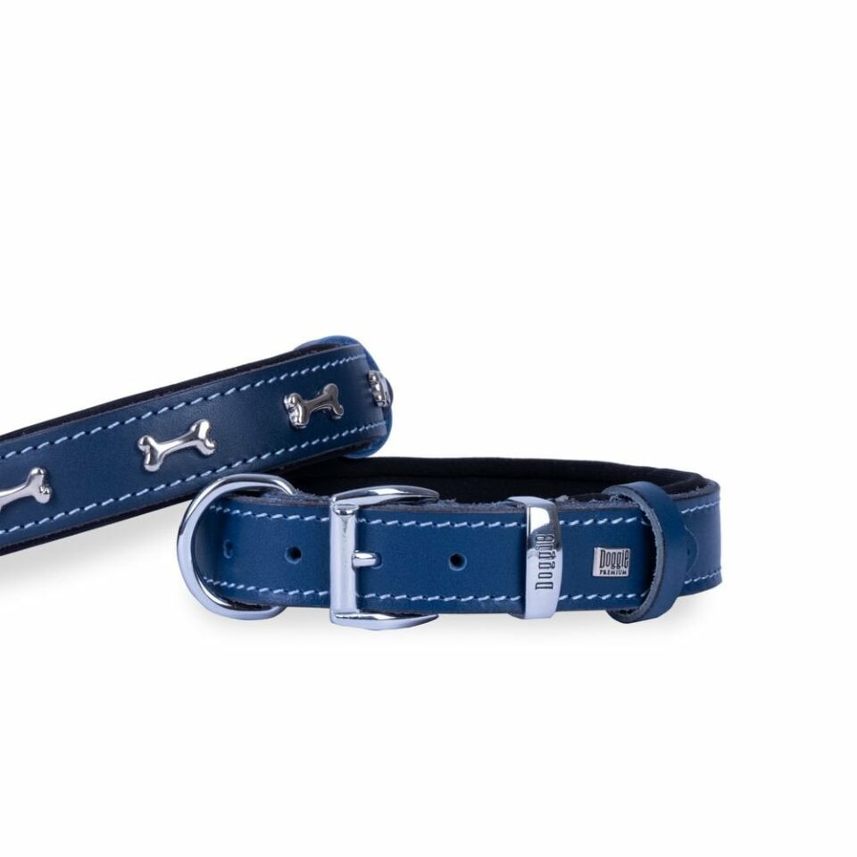 DOGGİE KONFOR DERİ KEMİK SÜSLÜ BOYUN TASMASI ROYALMAVİ 3X42-50CM