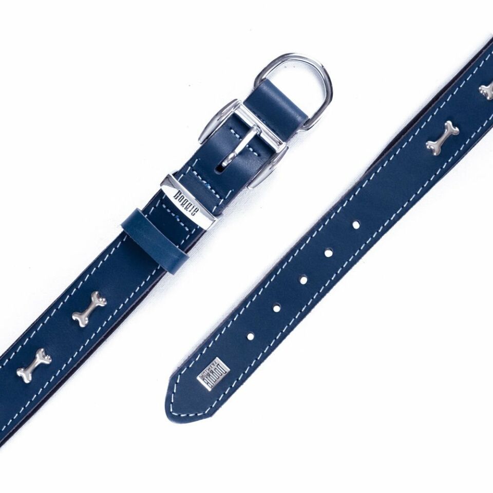DOGGİE KONFOR DERİ KEMİK SÜSLÜ BOYUN TASMASI ROYALMAVİ 3X42-50CM