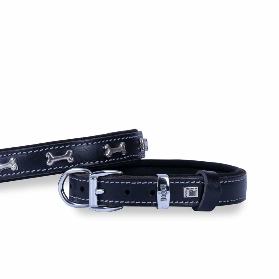 DOGGİE KONFOR DERİ KEMİK SÜSLÜ BOYUN TASMASI SİYAH 2X35-40CM