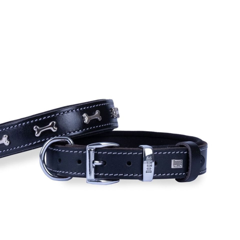 DOGGİE KONFOR DERİ KEMİK SÜSLÜ BOYUN TASMASI SİYAH 3X42-50CM