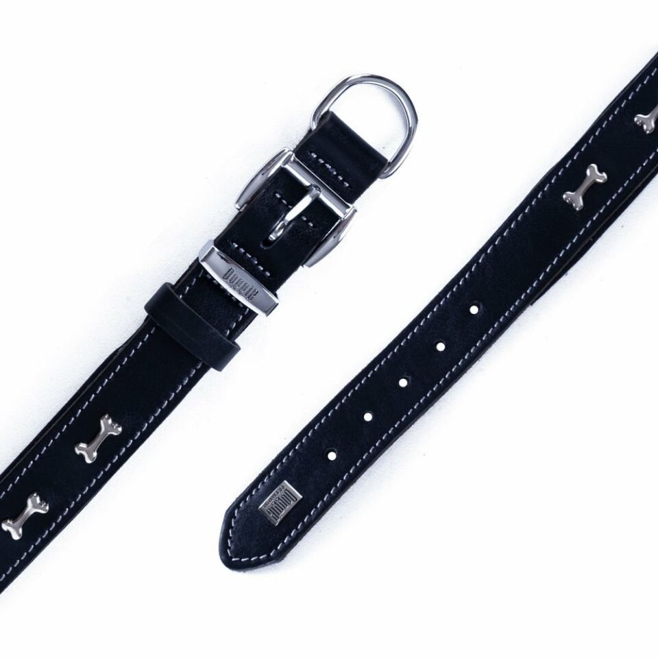 DOGGİE KONFOR DERİ KEMİK SÜSLÜ BOYUN TASMASI SİYAH 3X42-50CM