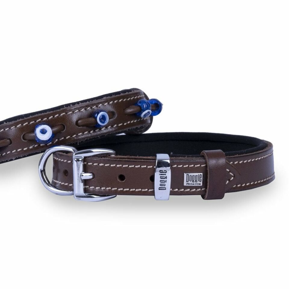 DOGGİE KONFOR DERİ NAZAR BONCUKLU BOYUN TASMASI KAHVE 2X35-40CM
