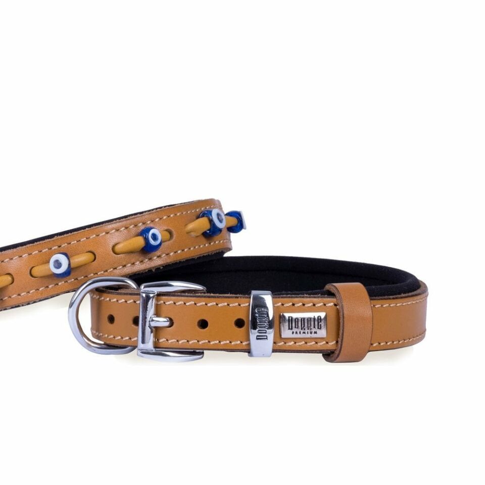DOGGİE KONFOR DERİ NAZAR BONCUKLU BOYUN TASMASI KAMEL 2X30-35CM
