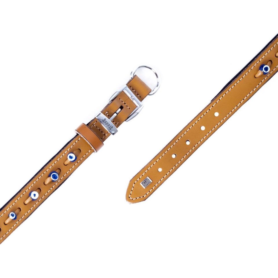 DOGGİE KONFOR DERİ NAZAR BONCUKLU BOYUN TASMASI KAMEL 2X30-35CM