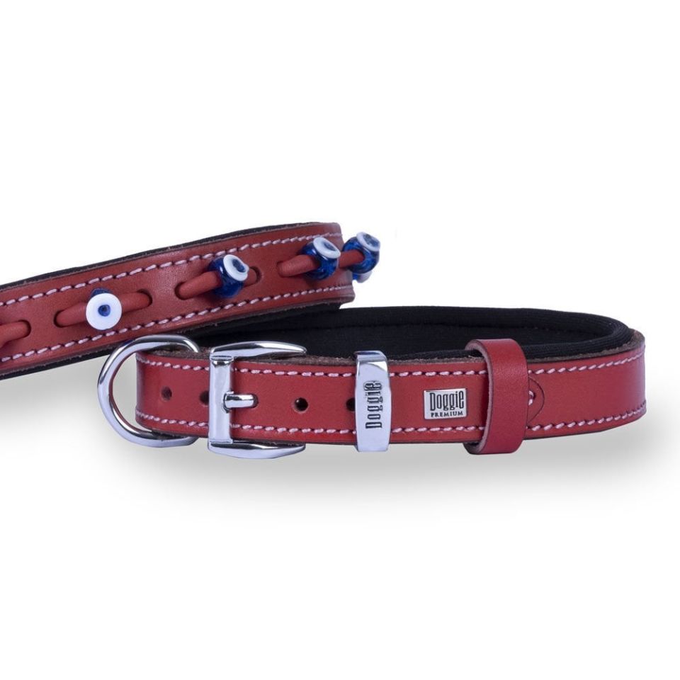 DOGGİE KONFOR DERİ NAZAR BONCUKLU BOYUN TASMASI KIRMIZI 2X30-35CM