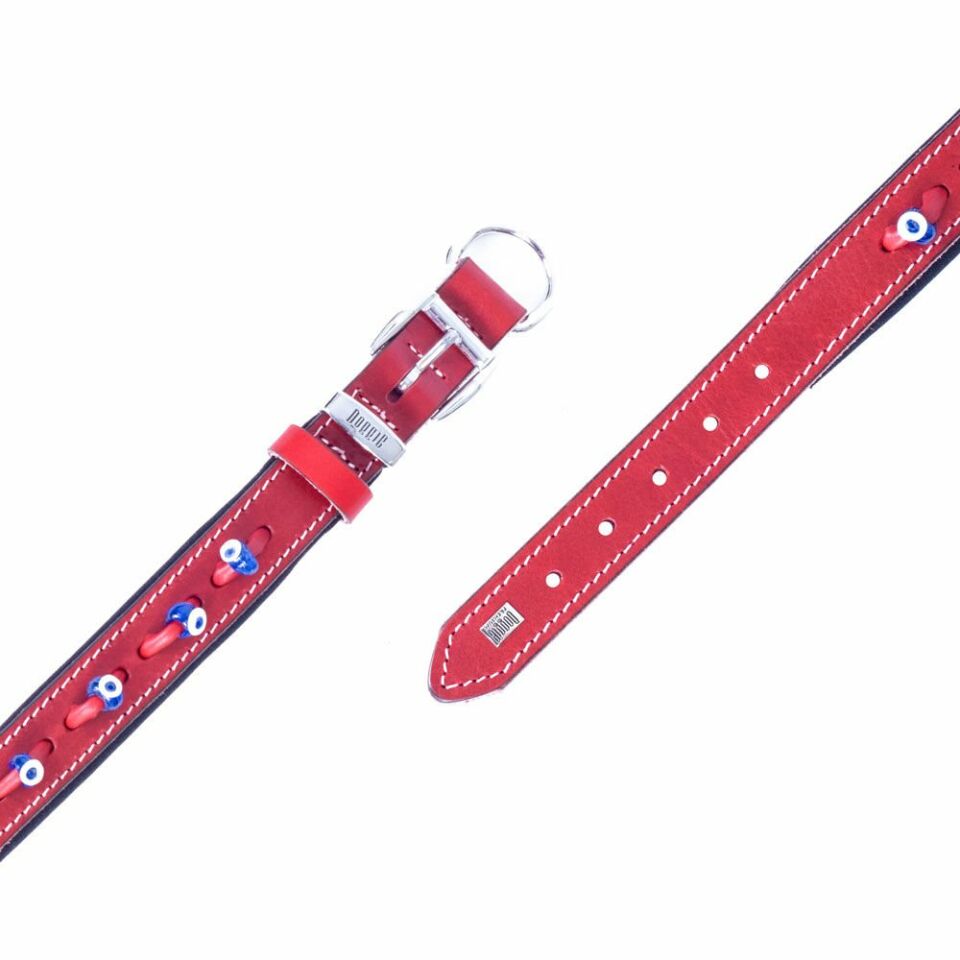 DOGGİE KONFOR DERİ NAZAR BONCUKLU BOYUN TASMASI KIRMIZI 2X30-35CM