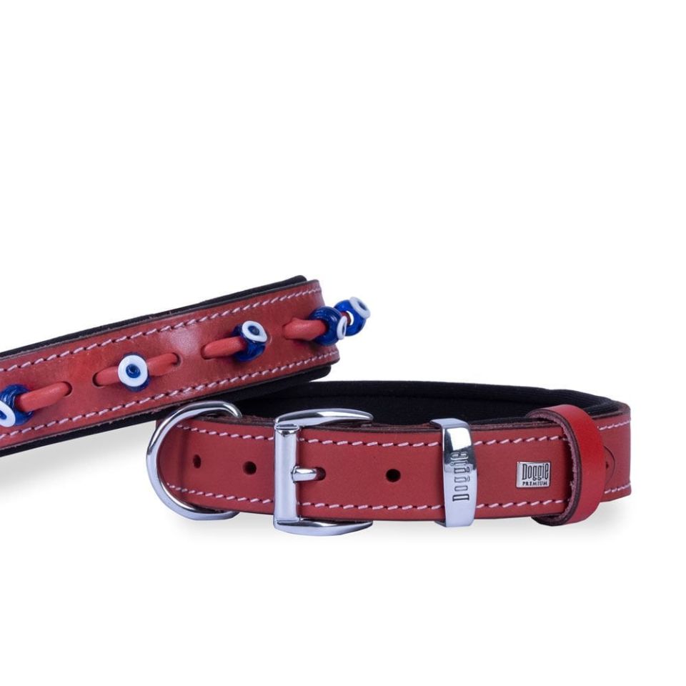 DOGGİE KONFOR DERİ NAZAR BONCUKLU BOYUN TASMASI KIRMIZI 3X42-50CM