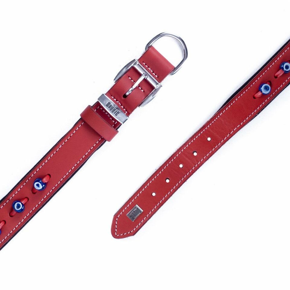 DOGGİE KONFOR DERİ NAZAR BONCUKLU BOYUN TASMASI KIRMIZI 3X42-50CM
