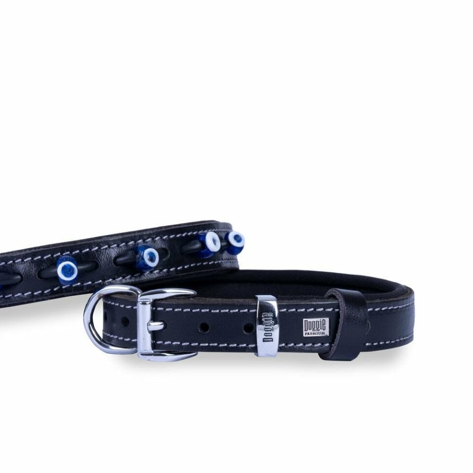 DOGGİE KONFOR DERİ NAZAR BONCUKLU BOYUN TASMASI SİYAH 2X30-35CM