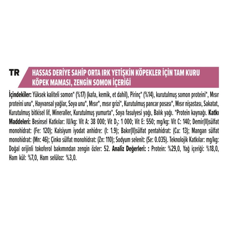 Pro Plan Medium Sensitive Skin Somonlu Orta Irk Yetişkin Köpek Maması 16,5 Kg