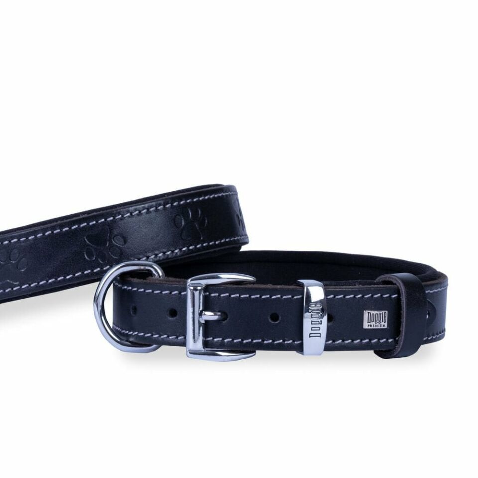 DOGGİE KONFOR DERİ PATİ DESENLİ BOYUN TASMASI SİYAH 3X42-50CM