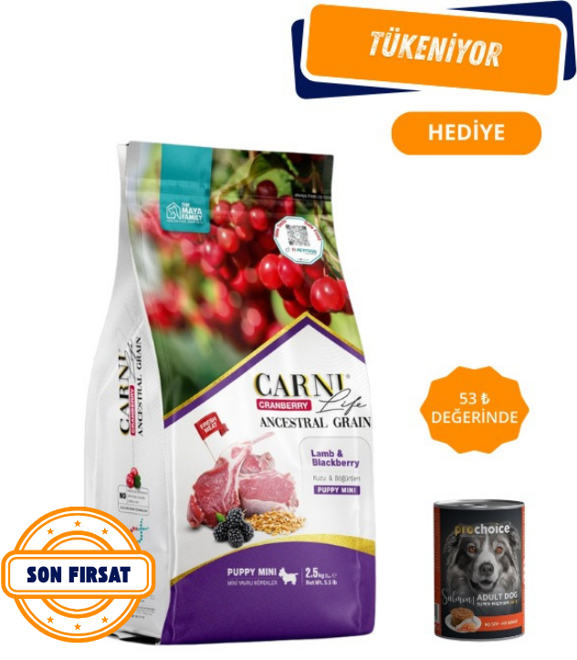 CARNI CARNI LIFE CRANBERRY ANCESTRAL GRAIN KÖPEK KUZU &
BÖGURTLEN PUPPY MINI 7 KG