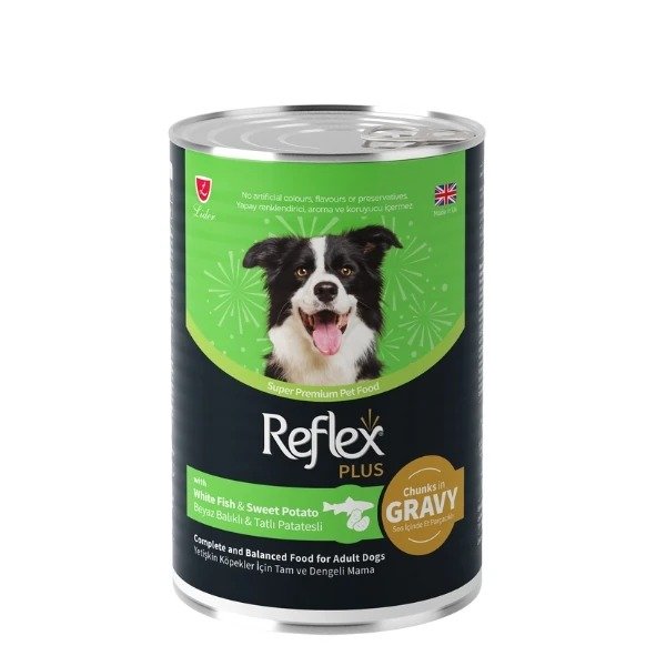 Reflex Plus Sos İçinde Parça Etli Beyaz Balıklı ve Tatlı Patatesli Yetişkin Köpek Konservesi 400gr