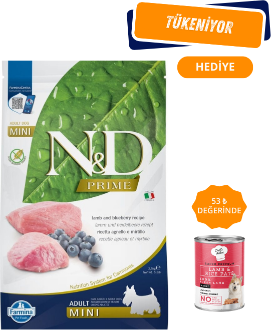 N&D PRİME Tahılsız Kuzu ve Yaban Mersinli Küçük Irk Yetişkin Köpek Maması 2,5 Kg